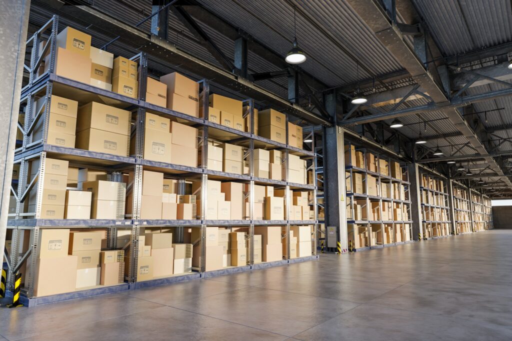 Cardboard boxes on storage warehouse shelves.