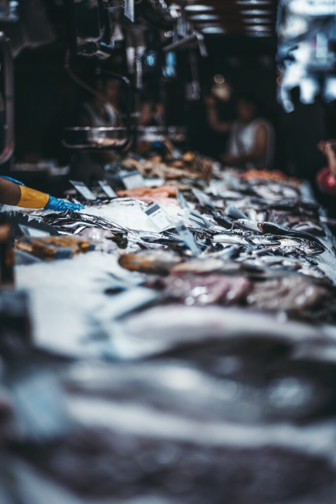 Fish-shop with counters with fresh fish
